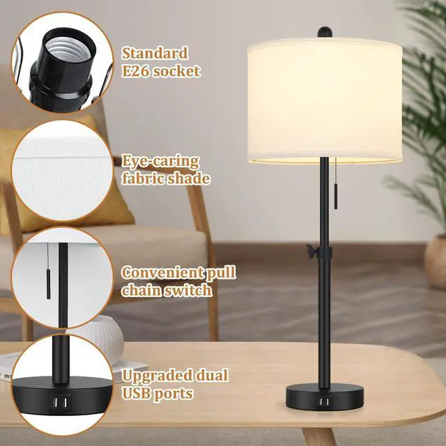 Alt view image 6 of 7 - Table Lamp for Bedroom Set of 2, 23" to 30" Height Adjustable Bedside Lamp with 2 USB Ports, Black Nightstand Lamp with White Shade, Modern Pull Chain Table Lamp for Living Room End Table
