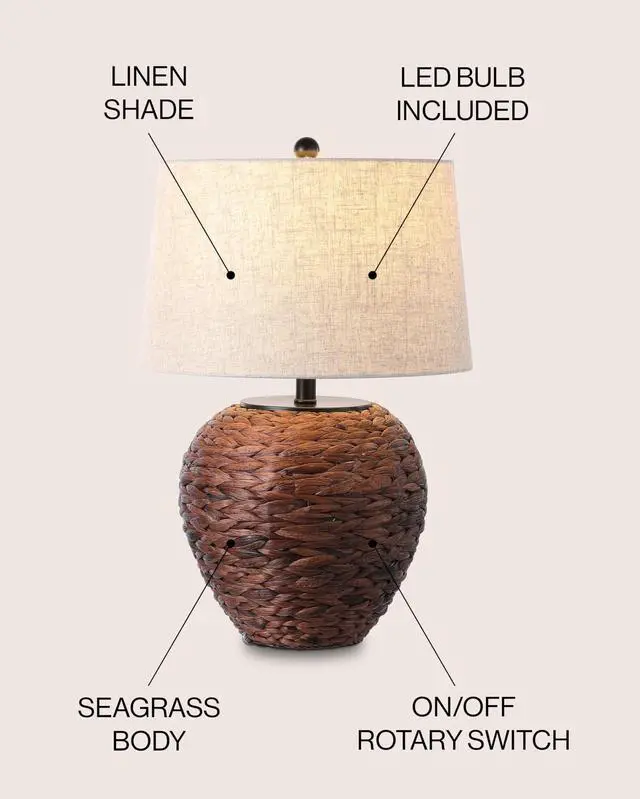 Alt view image 2 of 7 - 24.5" Farmhouse Coastal Water Hyacinth Basket LED Table Lamp for Bedroom, Living Room, Office, Dark Brown