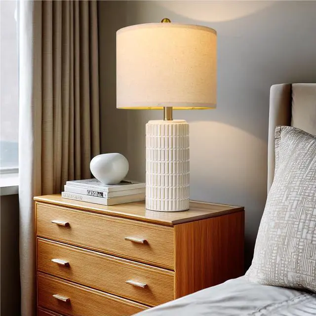 Alt view image 4 of 7 - 20.75" Small Modern Ceramic Table Lamps Set of 2 for Bedroom, White Bedside Lamps for Night Stands, Farmhouse Desk Decor Nightstand Table Lamps for Living Room End Table Beige