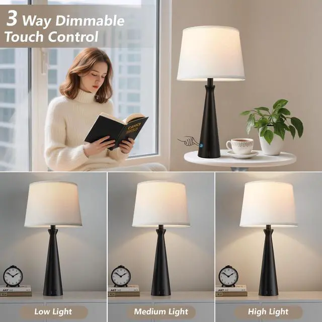 Alt view image 2 of 7 - Modern Table Lamps Set of 2 - Touch Bedside Lamp for Nightstand with USB C+A,3-Way Dimmable Black Nightstand Lamps for Living Room Bedroom End Table(Bulb Included)