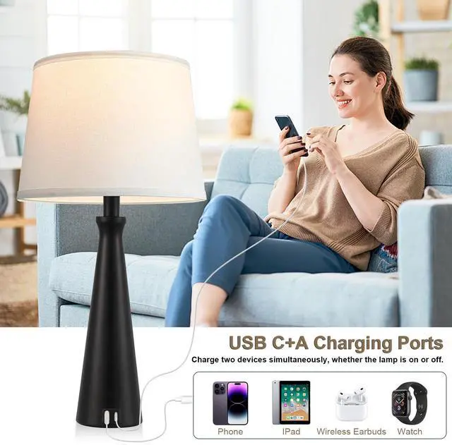 Alt view image 3 of 7 - Modern Table Lamps Set of 2 - Touch Bedside Lamp for Nightstand with USB C+A,3-Way Dimmable Black Nightstand Lamps for Living Room Bedroom End Table(Bulb Included)