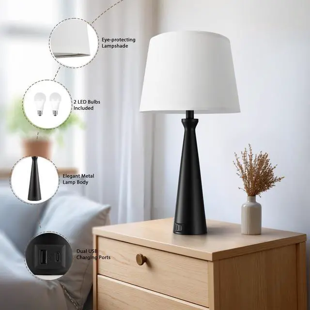 Alt view image 6 of 7 - Modern Table Lamps Set of 2 - Touch Bedside Lamp for Nightstand with USB C+A,3-Way Dimmable Black Nightstand Lamps for Living Room Bedroom End Table(Bulb Included)