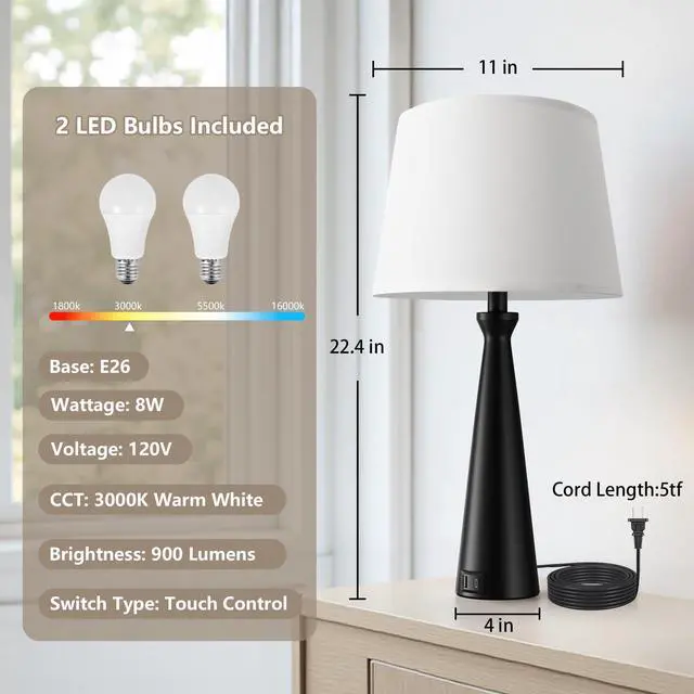 Alt view image 7 of 7 - Modern Table Lamps Set of 2 - Touch Bedside Lamp for Nightstand with USB C+A,3-Way Dimmable Black Nightstand Lamps for Living Room Bedroom End Table(Bulb Included)