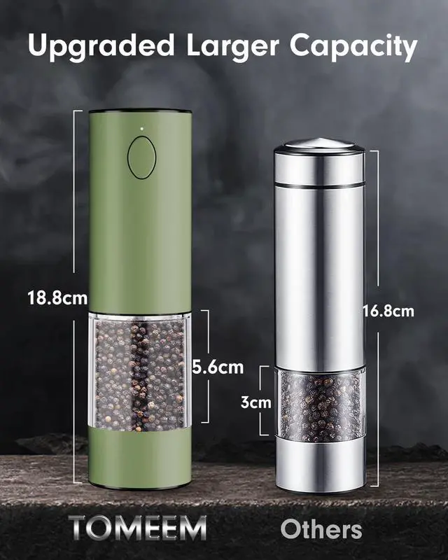Alt view image 6 of 7 - Upgraded Larger Capacity Electric Salt and Pepper Grinder Set Rechargeable with LED lights, Stainless Steel Automatic Pepper and Salt Grinder Refillable with 5 Adjustable Coarseness Green