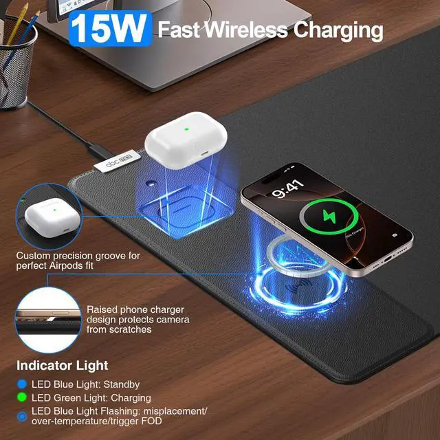 Alt view image 2 of 6 - Magnetic Wireless Charging Mouse Pad, 27.5"x11.8" Gaming Desk Mat for Keyboard/Laptop, Non-Slip Base & 20W PD Adapter, Waterproof Smooth Desk Writing Pad for Gamer, Office & Home, Black