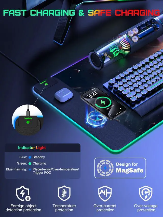 Alt view image 3 of 7 - RGB Gaming Mouse Pad with 15W Wireless Charging, 31.5 x 15.8 XXL Large Desk Mat Home Office Keyboard Pad for Desk, Waterproof Mousepad with Smooth Surface, Non-Slip Base, Cosmic Planet