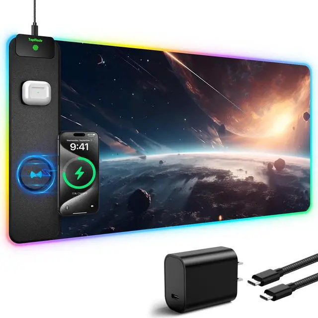 Main image of RGB Gaming Mouse Pad with 15W Wireless Charging, 31.5 x 15.8 XXL Large Desk Mat Home Office Keyboard Pad for Desk, Waterproof Mousepad with Smooth Surface, Non-Slip Base, Cosmic Planet