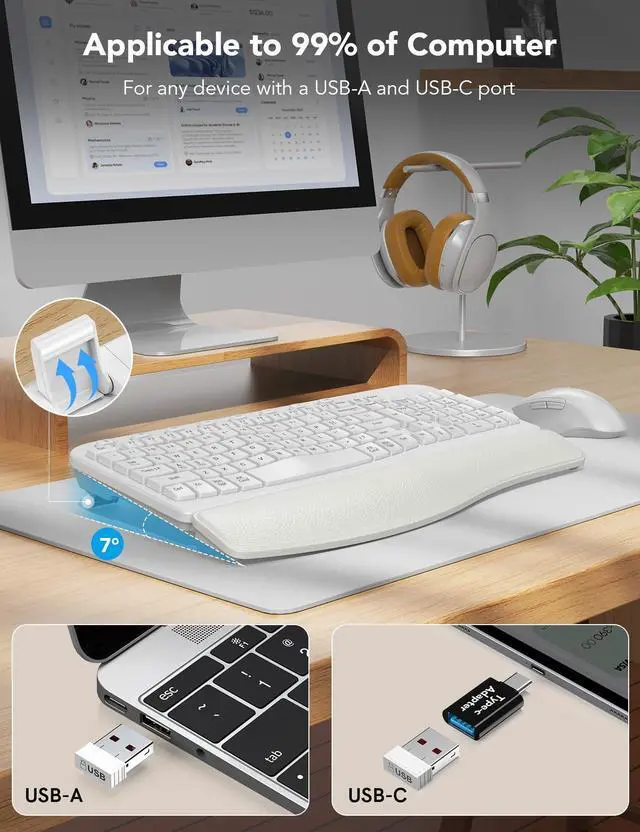 Alt view image 4 of 7 - Wireless Keyboard and Mouse Combo, Ergonomic Wave Keys, Cushioned Plam Rest, Comfortable Silent Natural Typing, 2.4G Lag-Free, Full Size Keyboards Cordless Set for Multi-OS, Windows/Mac, White