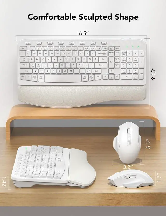 Alt view image 6 of 7 - Wireless Keyboard and Mouse Combo, Ergonomic Wave Keys, Cushioned Plam Rest, Comfortable Silent Natural Typing, 2.4G Lag-Free, Full Size Keyboards Cordless Set for Multi-OS, Windows/Mac, White