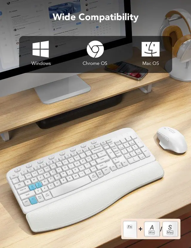 Alt view image 7 of 7 - Wireless Keyboard and Mouse Combo, Ergonomic Wave Keys, Cushioned Plam Rest, Comfortable Silent Natural Typing, 2.4G Lag-Free, Full Size Keyboards Cordless Set for Multi-OS, Windows/Mac, White