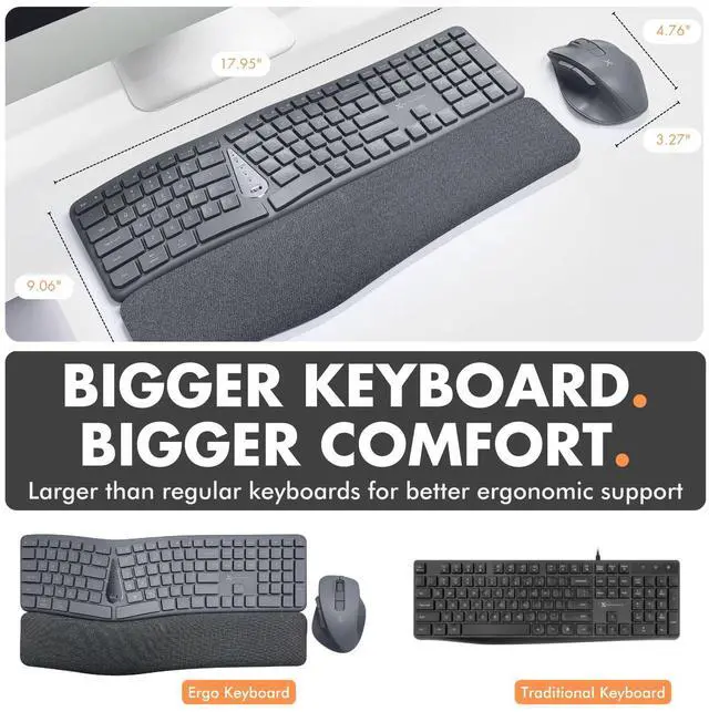 Alt view image 6 of 7 - X9 Split Ergonomic Keyboard Mouse Wireless Combo - Type Comfortably Longer - 2.4G/Bluetooth Ergo Keyboard Mouse Wireless, Silent Keys, Wrist Rest, Multi-Device, Rechargeable for Laptop, PC, Mac - Gray