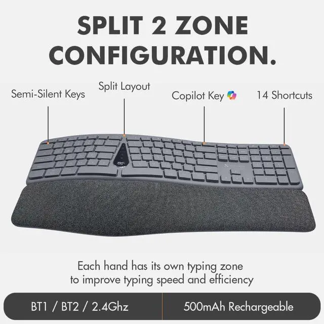 Alt view image 7 of 7 - X9 Split Ergonomic Keyboard Mouse Wireless Combo - Type Comfortably Longer - 2.4G/Bluetooth Ergo Keyboard Mouse Wireless, Silent Keys, Wrist Rest, Multi-Device, Rechargeable for Laptop, PC, Mac - Gray