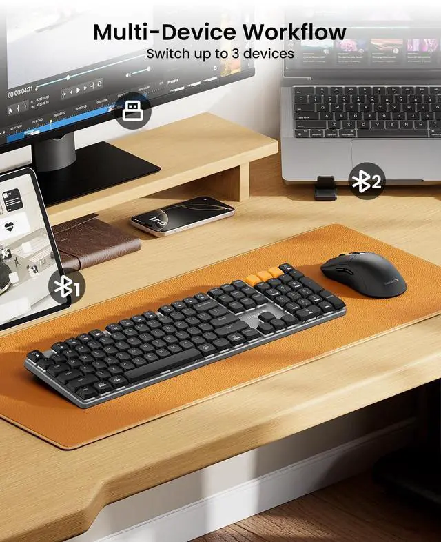 Alt view image 3 of 7 - Mechanical Keyboard and Mouse, Wireless Rechargeable Aluminum Keyboard Mouse, 2.4G+Dual Bluetooth, Low Profile Keys, Red Switches, Multi-Device, for Windows/Mac