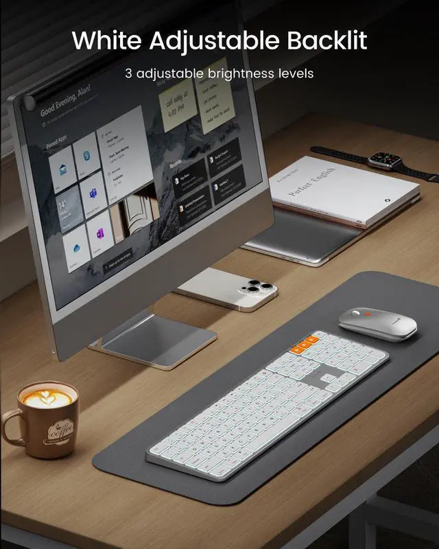 Alt view image 3 of 7 - Backlit Bluetooth Keyboard and Mouse for Mac, KM100-A Multi-Device Wireless Keyboard Mouse for Mac, Full Size Rechargeable for MacBook Pro/Air, iPhone, iPad, White Silver