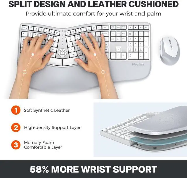 Alt view image 2 of 7 - Ergonomic Keyboard and Mouse, Wireless Keyboard with Vertical Mouse, Split Curved Keyboard with Wrist Rest, Natural Typing Full Size, Windows/Mac/Computer/Laptop, Gray