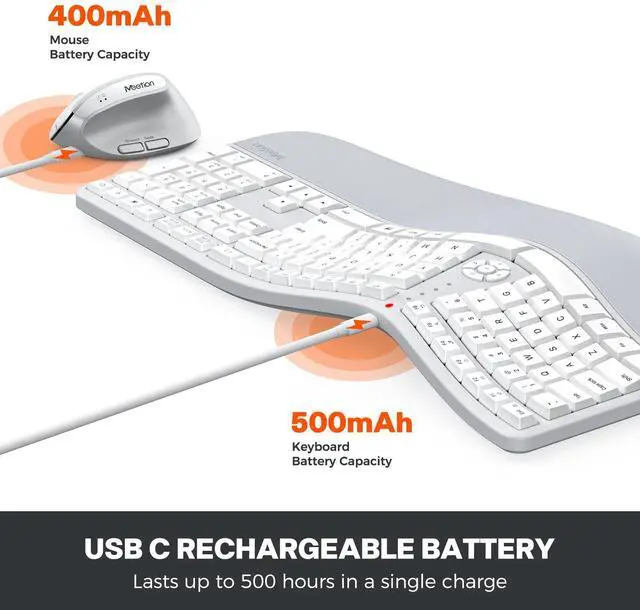 Alt view image 4 of 7 - Ergonomic Keyboard and Mouse, Wireless Keyboard with Vertical Mouse, Split Curved Keyboard with Wrist Rest, Natural Typing Full Size, Windows/Mac/Computer/Laptop, Gray