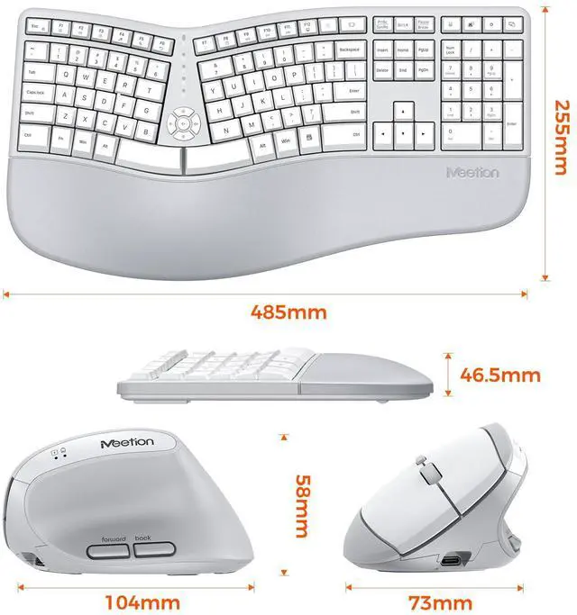 Alt view image 5 of 7 - Ergonomic Keyboard and Mouse, Wireless Keyboard with Vertical Mouse, Split Curved Keyboard with Wrist Rest, Natural Typing Full Size, Windows/Mac/Computer/Laptop, Gray