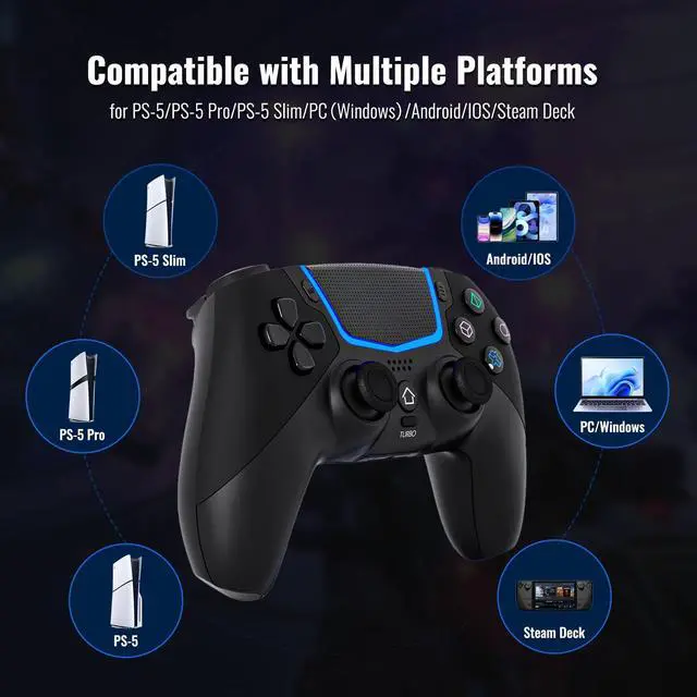 Alt view image 2 of 7 - Wireless Controller for PS-5/Pro/Slim/PC,Bluetooth Gaming Controller with Hall Joysticks/LED Channel Light/Turbo/6-Axis Gyro/Dual Vibration/Touchpad/3.5mm TRRS Audio Jack/Speaker Function(Black)