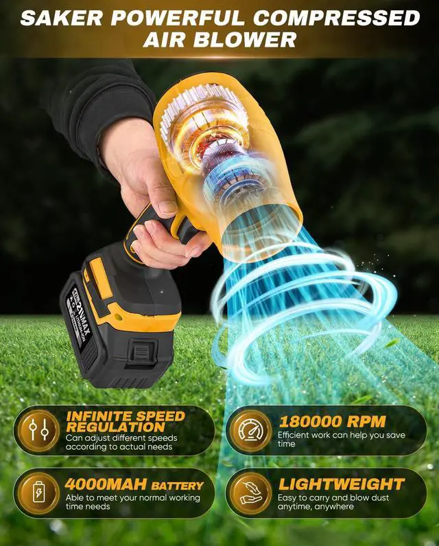 Alt view image 2 of 7 - Handheld Cordless Leaf Blower Portable Dust Cleaner 180000 RPM Compressed Air Duster with Adjustable Speed for Drying Patio Cleaning Camping 2 x 4.0Ah Battery Yellow