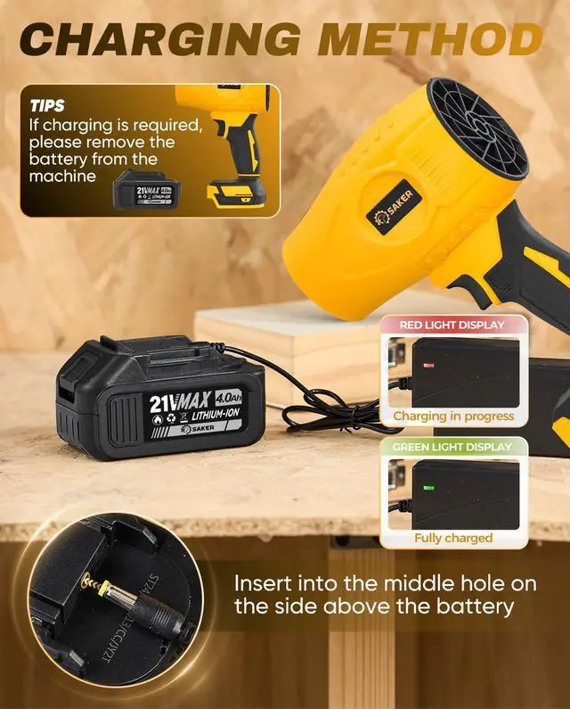 Alt view image 6 of 7 - Handheld Cordless Leaf Blower Portable Dust Cleaner 180000 RPM Compressed Air Duster with Adjustable Speed for Drying Patio Cleaning Camping 2 x 4.0Ah Battery Yellow