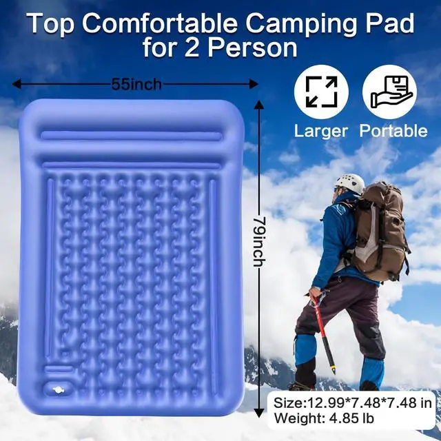 Alt view image 2 of 7 - Double Sleeping Pad for Camping, Extra Thick 5 Inch Self-Inflating 2 Person Camping Mattress,with Built-In Foot Pump, Insulated Inflatable Trampoline Mat for Backpacking, Hiking, Tents & Winter