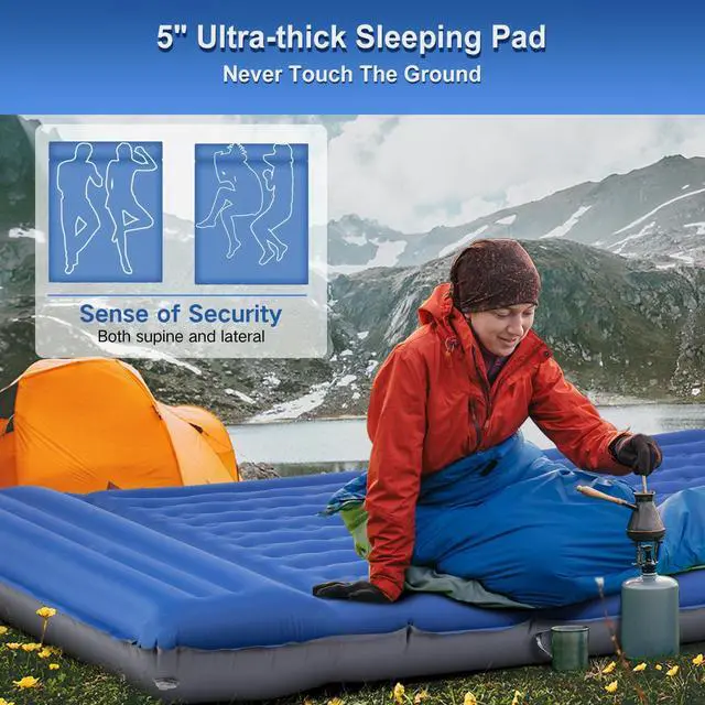 Alt view image 2 of 7 - Double Sleeping Pad Camping, Self Inflating 6'' Extra-Thick 2 Person Pillow Built-in Foot Pump Waterproof Inflatable Sleeping Mat Backpacking, Tent, Hiking, Portable Camping Pad (Navy Grey)