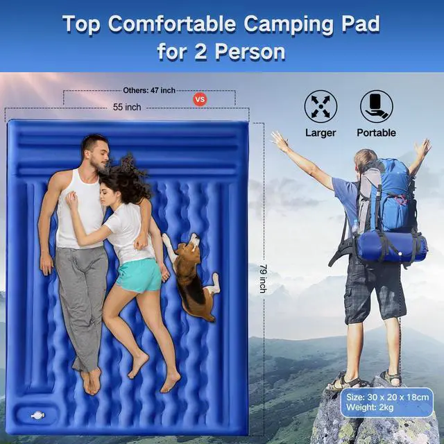 Alt view image 3 of 7 - Double Sleeping Pad Camping, Self Inflating 6'' Extra-Thick 2 Person Pillow Built-in Foot Pump Waterproof Inflatable Sleeping Mat Backpacking, Tent, Hiking, Portable Camping Pad (Navy Grey)