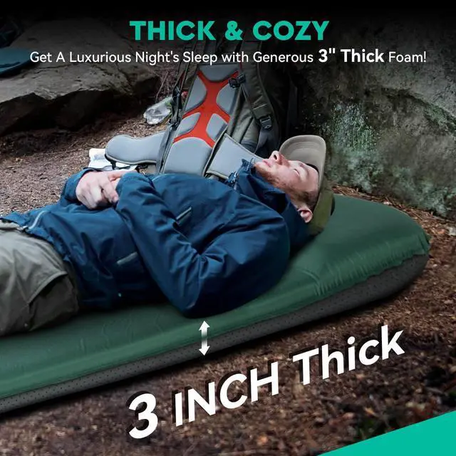 Alt view image 2 of 7 - Self Inflating Sleeping Pad for Camping, 3'' Ultra Thick Camping Pad with Pillow, 9.5 R-Value Insulated Camping Mattress, 4-Season Inflatable Foam Camping Mat for Car, Tent, Cot (Green)