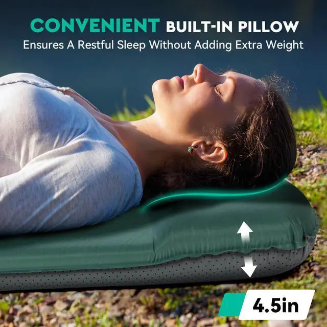 Alt view image 4 of 7 - Self Inflating Sleeping Pad for Camping, 3'' Ultra Thick Camping Pad with Pillow, 9.5 R-Value Insulated Camping Mattress, 4-Season Inflatable Foam Camping Mat for Car, Tent, Cot (Green)