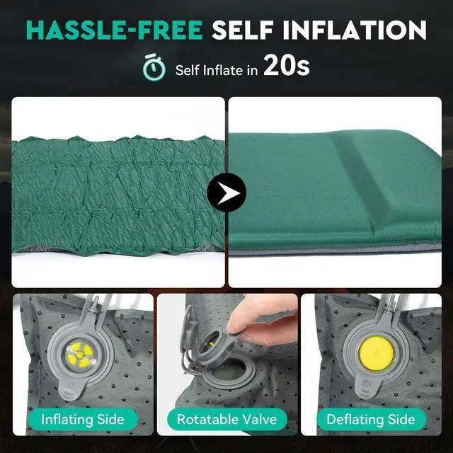 Alt view image 6 of 7 - Self Inflating Sleeping Pad for Camping, 3'' Ultra Thick Camping Pad with Pillow, 9.5 R-Value Insulated Camping Mattress, 4-Season Inflatable Foam Camping Mat for Car, Tent, Cot (Green)
