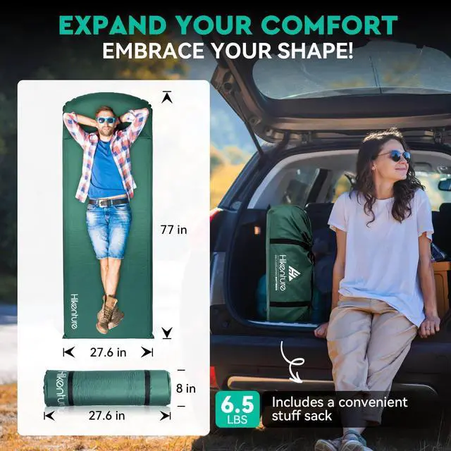 Alt view image 7 of 7 - Self Inflating Sleeping Pad for Camping, 3'' Ultra Thick Camping Pad with Pillow, 9.5 R-Value Insulated Camping Mattress, 4-Season Inflatable Foam Camping Mat for Car, Tent, Cot (Green)