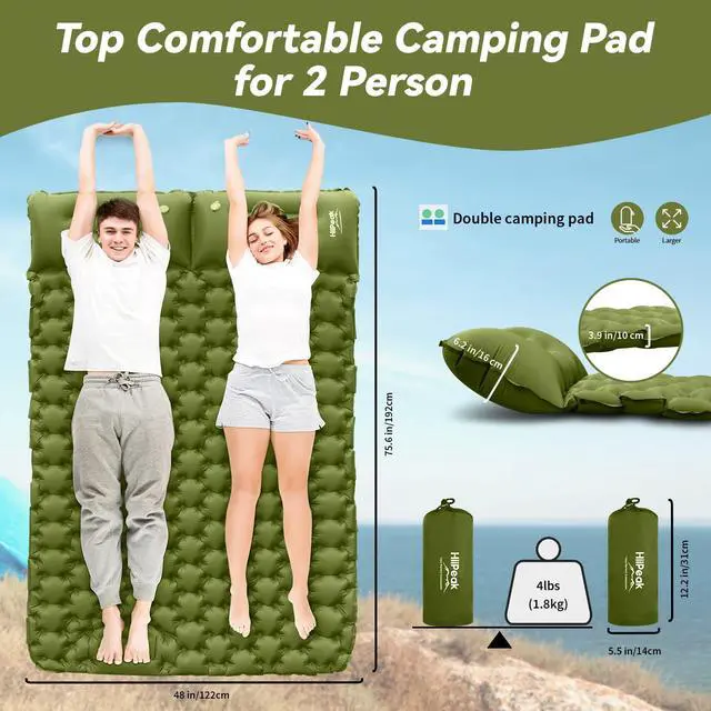 Alt view image 3 of 5 - Double Sleeping Pad - Self Inflating 4" Extra-Thick for 2 Person with Pillow Built-in Foot Pump Inflatable Sleeping Mat for Backpacking, Hiking, Traveling, Tent, Portable Camping Mat