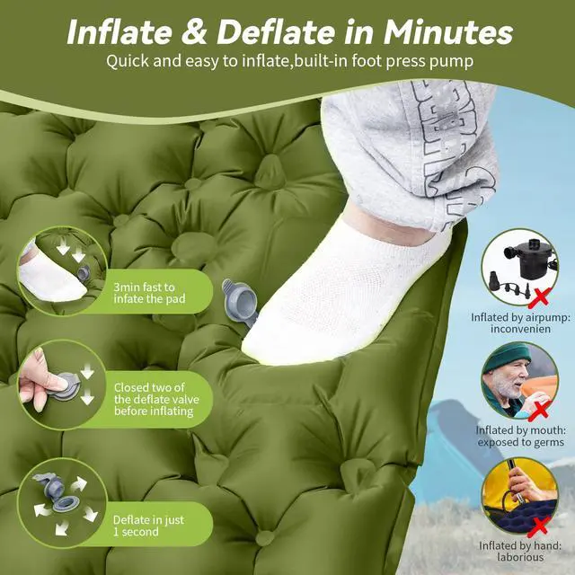 Alt view image 4 of 5 - Double Sleeping Pad - Self Inflating 4" Extra-Thick for 2 Person with Pillow Built-in Foot Pump Inflatable Sleeping Mat for Backpacking, Hiking, Traveling, Tent, Portable Camping Mat