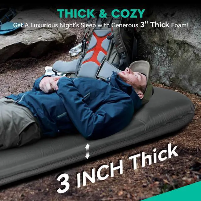 Alt view image 2 of 7 - Self Inflating Sleeping Pad for Camping, 3'' Ultra Thick Camping Pad with Pillow, 9.5 R-Value Insulated Camping Mattress, 4-Season Inflatable Foam Camping Mat for Car, Tent, Cot