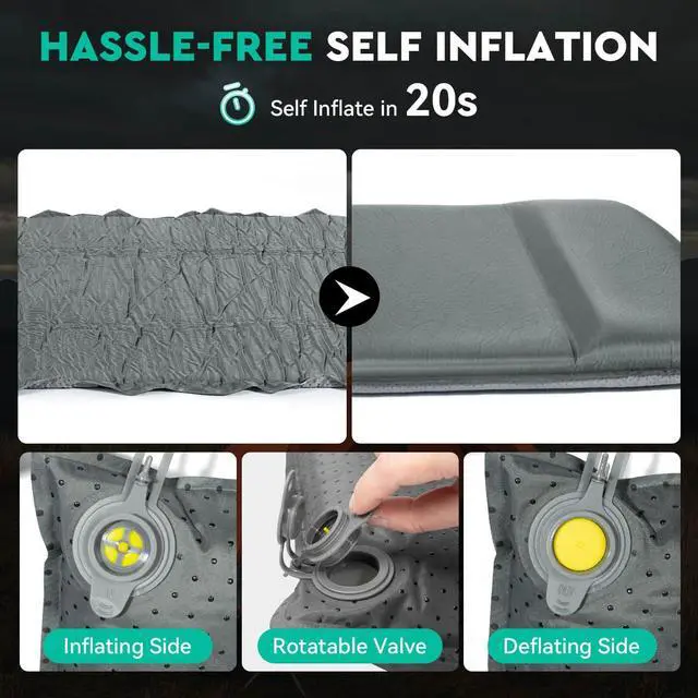 Alt view image 3 of 7 - Self Inflating Sleeping Pad for Camping, 3'' Ultra Thick Camping Pad with Pillow, 9.5 R-Value Insulated Camping Mattress, 4-Season Inflatable Foam Camping Mat for Car, Tent, Cot