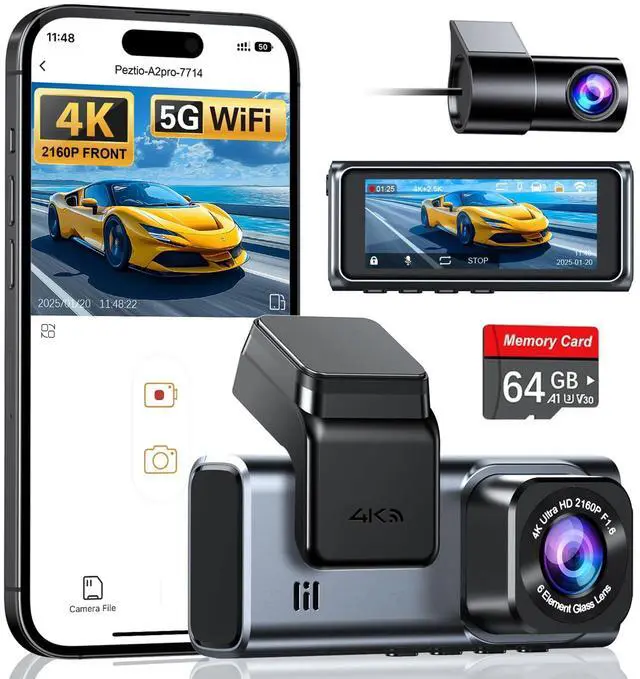 Main image of 4K+2.5K WiFi Dash Cam Front and Rear, Built-in 5G WiFi, Free 64GB Card, Dash Camera for Cars, Dual Dashcam, G-Sensor, 24/7 Parking Mode, 3'' IPS Screen, Loop Recording, WDR Silver