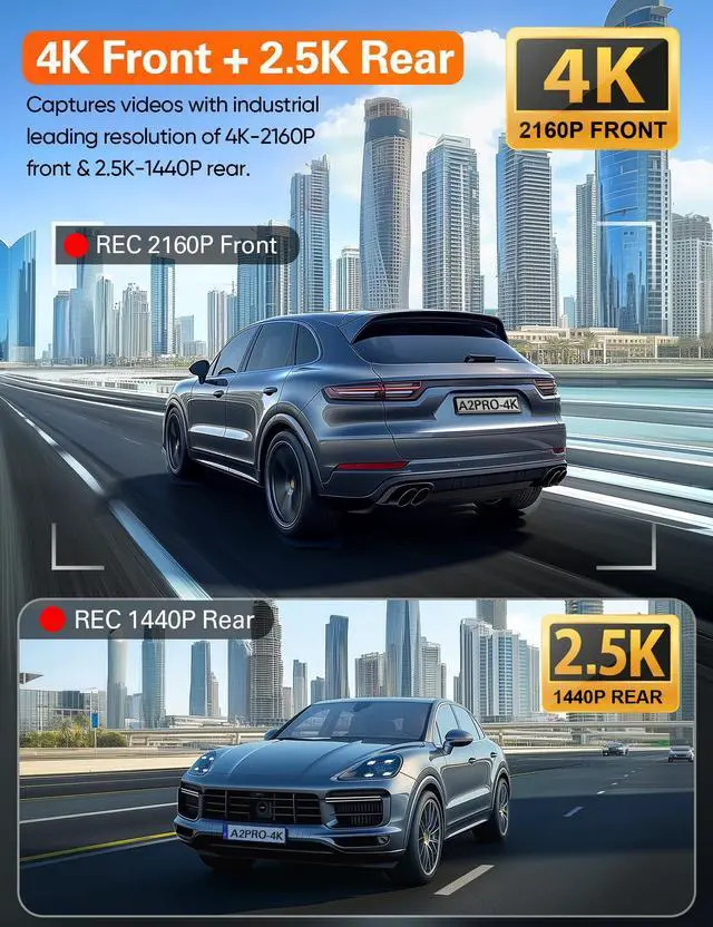 Alt view image 3 of 7 - 4K+2.5K WiFi Dash Cam Front and Rear, Built-in 5G WiFi, Free 64GB Card, Dash Camera for Cars, Dual Dashcam, G-Sensor, 24/7 Parking Mode, 3'' IPS Screen, Loop Recording, WDR Silver