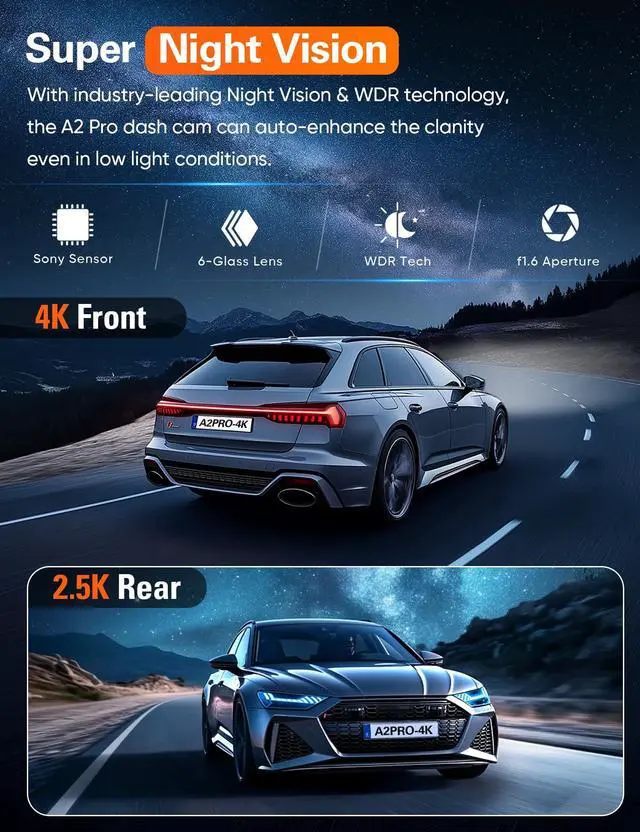Alt view image 7 of 7 - 4K+2.5K WiFi Dash Cam Front and Rear, Built-in 5G WiFi, Free 64GB Card, Dash Camera for Cars, Dual Dashcam, G-Sensor, 24/7 Parking Mode, 3'' IPS Screen, Loop Recording, WDR Silver
