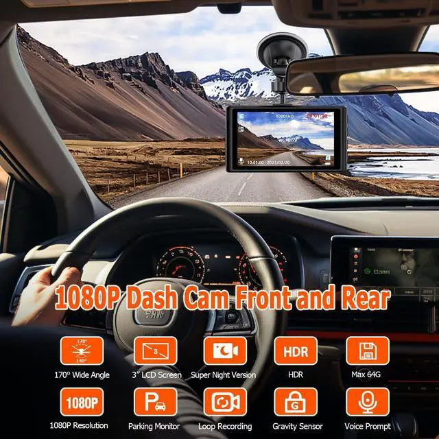 Alt view image 2 of 7 - 1080P Dash Cam Front and Rear with 32GB SD Card, Dual Dash Camera for Cars, 3 LCD Screen Dashcam with Type-C Port, HDR, G-Sensor, Loop Recording, Parking Monitor, Night Vision