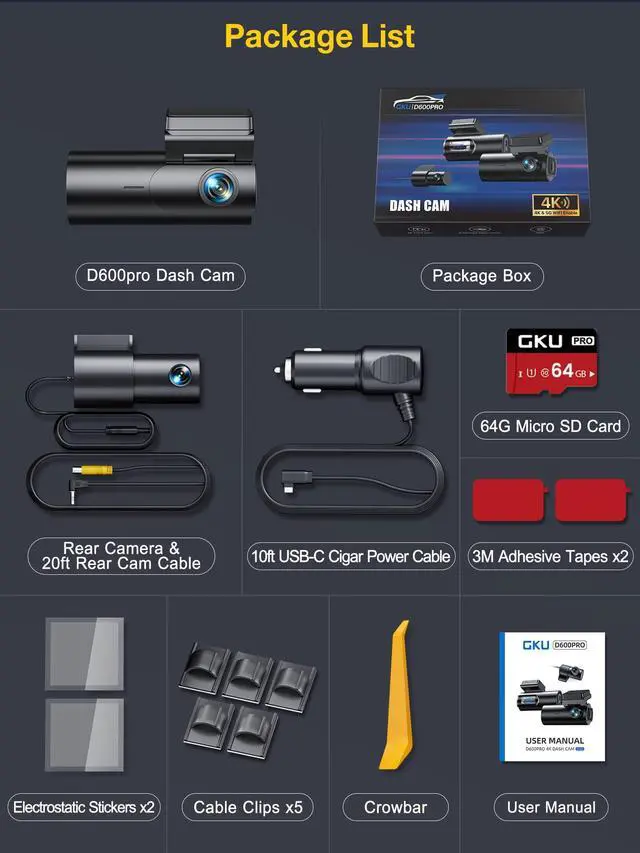 Alt view image 7 of 7 - Dash Cam Front and Rear Camera,4K+1080P, 5.8GHz WiFi & GPS Dash Camera for Cars,with 64G SDcard,1.47" Display Dashcam, 24HParking Mode,App Control,Super Night Vision,WDR,Support Max 256GB