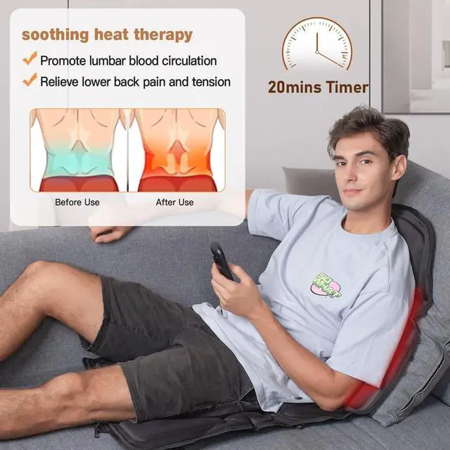 Alt view image 4 of 6 - Back Massage Chair Pad, Back Massager with Heat for Pain Relief, Chair Massager for Full Body Massage, Deep Tissue Vibration Massger with 2 Adapters, Chair Massager for Office and Recliner