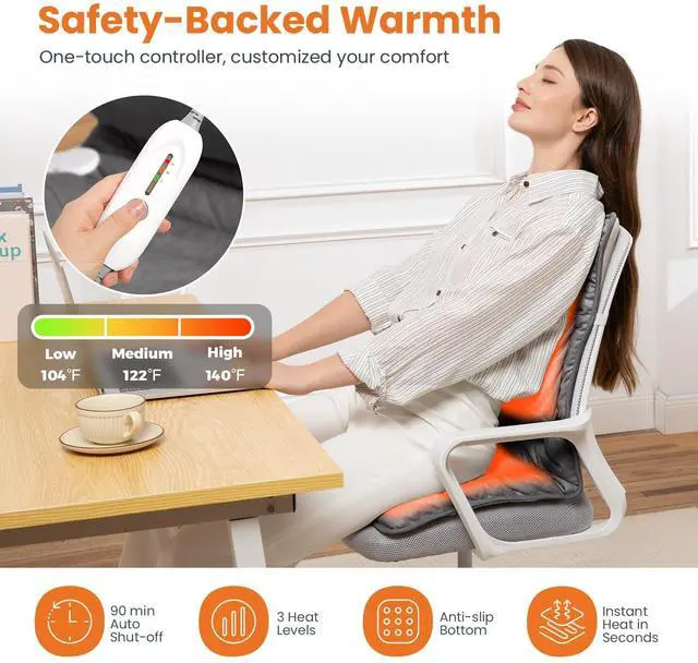 Alt view image 4 of 7 - Heated Seat Cushion with Lumbar Support for Office, Heated Seat Cover Pain Relief for Long Sitting, Seat Warmer for Back, Lumbar, Hip, Thigh, Universal Fit, Auto Shut Off, 3 Heat Levels, Dark