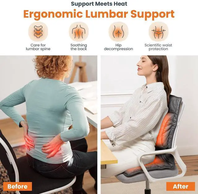Alt view image 3 of 7 - Heated Seat Cushion with Lumbar Support for Office, Heated Seat Cover Pain Relief for Long Sitting, Seat Warmer for Back, Lumbar, Hip, Thigh, Universal Fit, Auto Shut Off, 3 Heat Levels, Dark