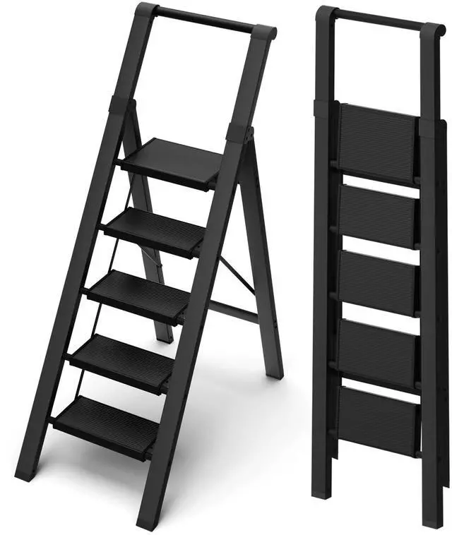 Main image of 5 Step Ladder, Lightweight Folding Step Stool with Convenient Handgrip,Aluminum 330lbs Capacity Step Ladder for Office,Household,Kitchen(Black)