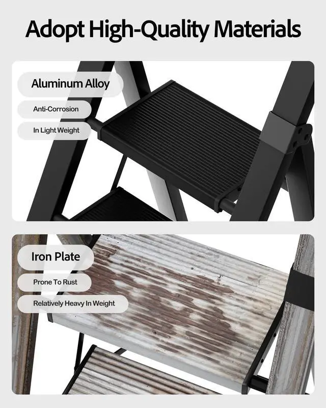 Alt view image 2 of 7 - 5 Step Ladder, Lightweight Folding Step Stool with Convenient Handgrip,Aluminum 330lbs Capacity Step Ladder for Office,Household,Kitchen(Black)