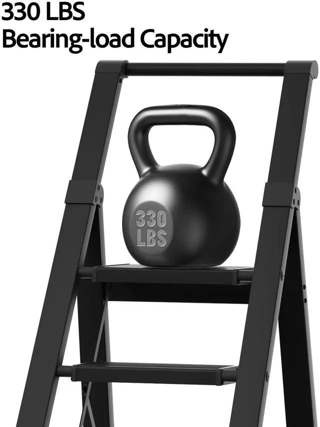 Alt view image 3 of 7 - 5 Step Ladder, Lightweight Folding Step Stool with Convenient Handgrip,Aluminum 330lbs Capacity Step Ladder for Office,Household,Kitchen(Black)
