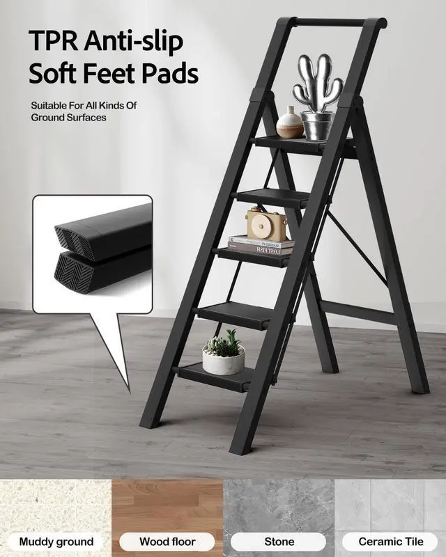 Alt view image 4 of 7 - 5 Step Ladder, Lightweight Folding Step Stool with Convenient Handgrip,Aluminum 330lbs Capacity Step Ladder for Office,Household,Kitchen(Black)