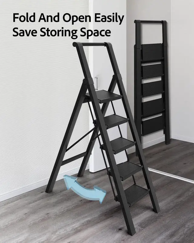 Alt view image 5 of 7 - 5 Step Ladder, Lightweight Folding Step Stool with Convenient Handgrip,Aluminum 330lbs Capacity Step Ladder for Office,Household,Kitchen(Black)