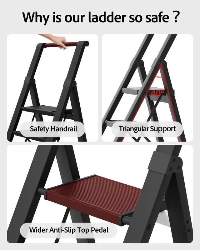 Alt view image 6 of 7 - 5 Step Ladder, Lightweight Folding Step Stool with Convenient Handgrip,Aluminum 330lbs Capacity Step Ladder for Office,Household,Kitchen(Black)