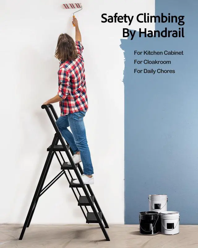 Alt view image 7 of 7 - 5 Step Ladder, Lightweight Folding Step Stool with Convenient Handgrip,Aluminum 330lbs Capacity Step Ladder for Office,Household,Kitchen(Black)